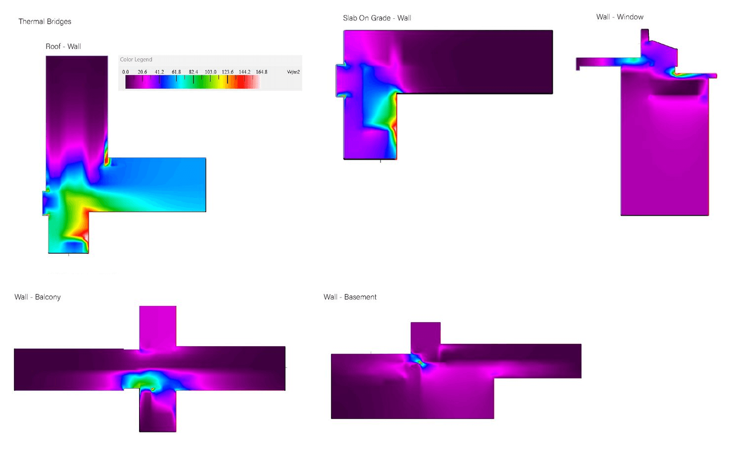 Thermal bridge simulations at roof-wall, slab, window, balcony, and basement junctions