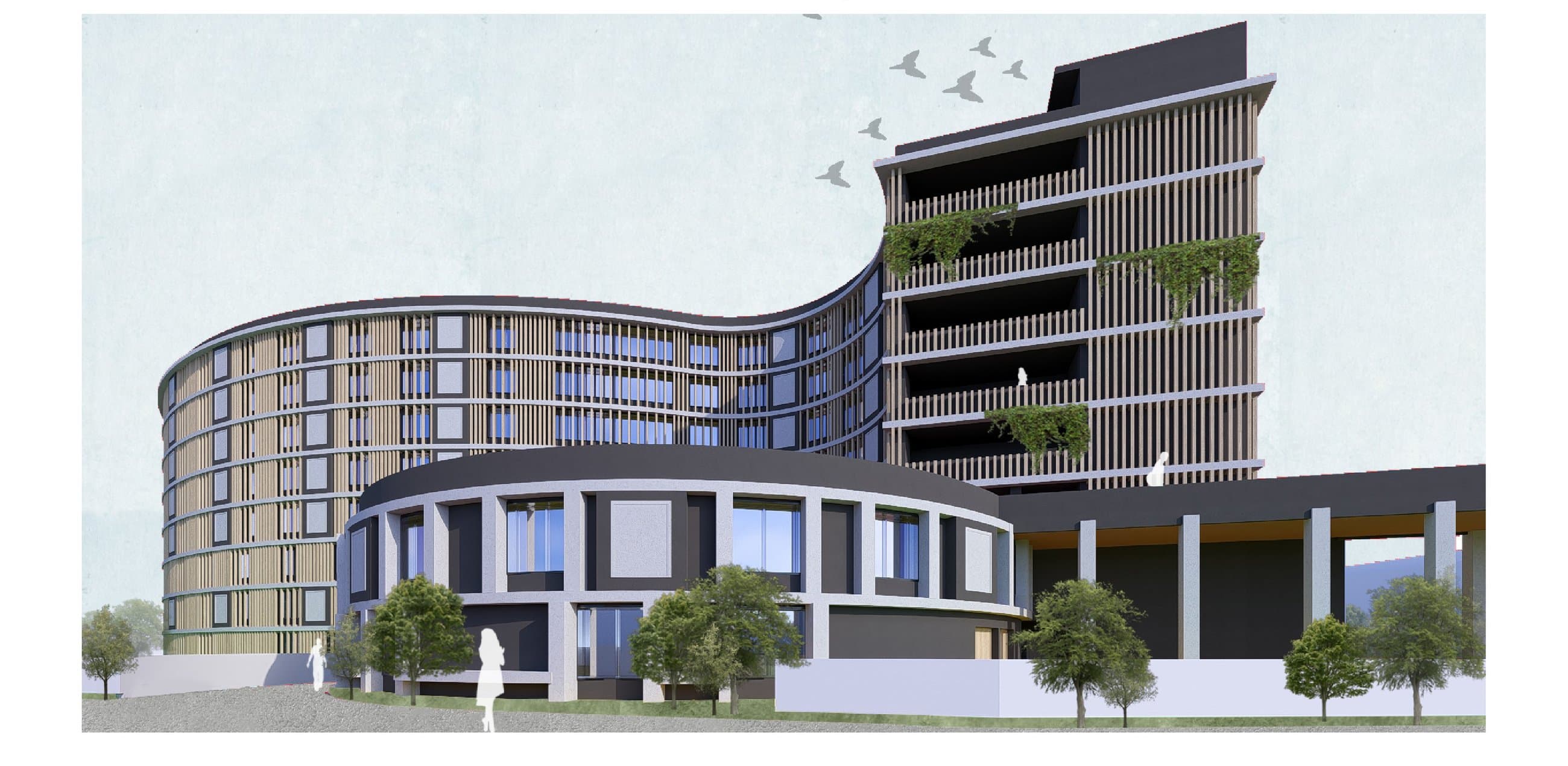 Exterior render of the curved Adaptive Housing Bergamo residential block