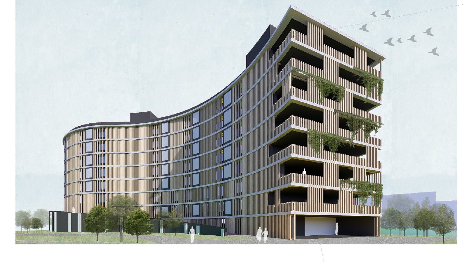 Street-level exterior render of the housing block