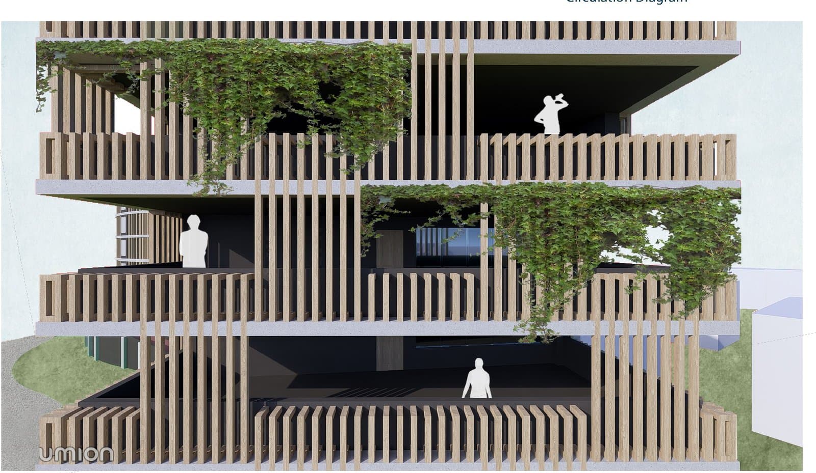 Planted timber facade detail at the common terraces