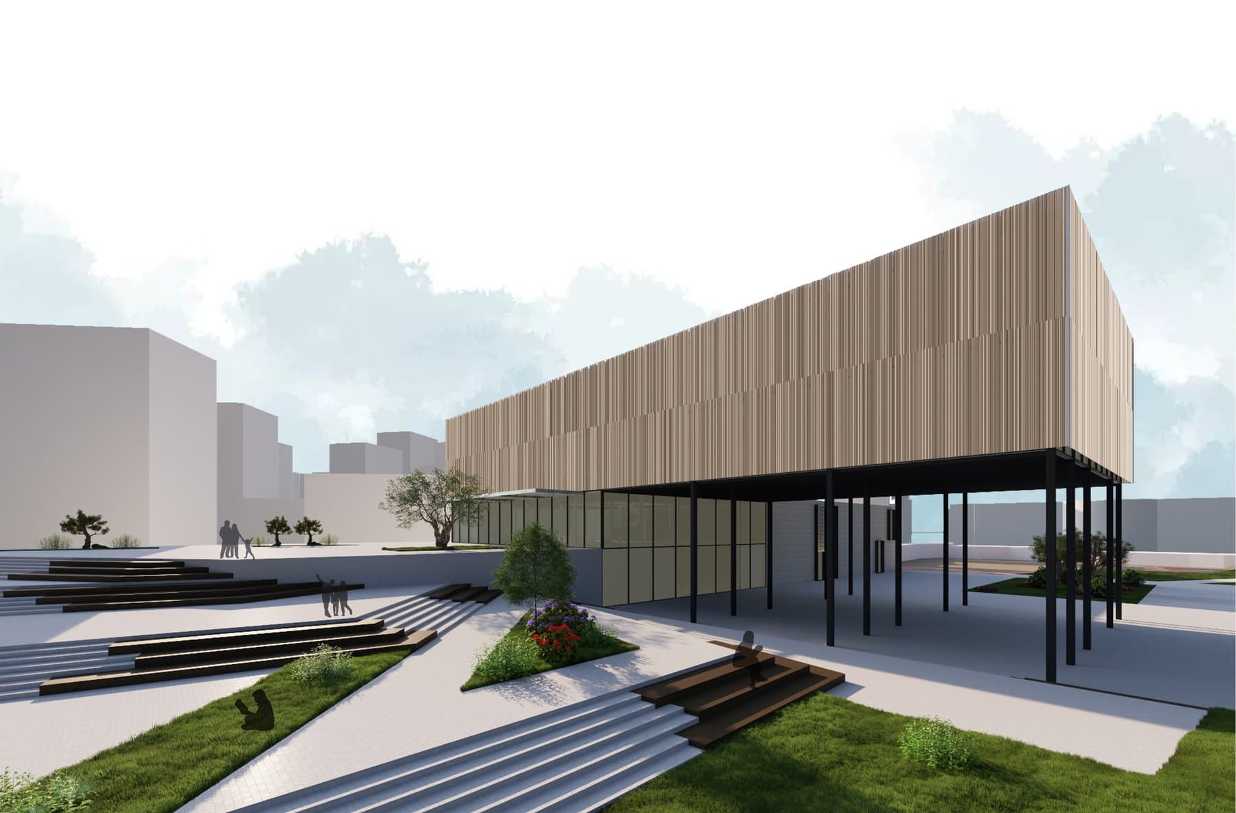 Elevated timber-clad volume of Stratum hovering above its public plaza