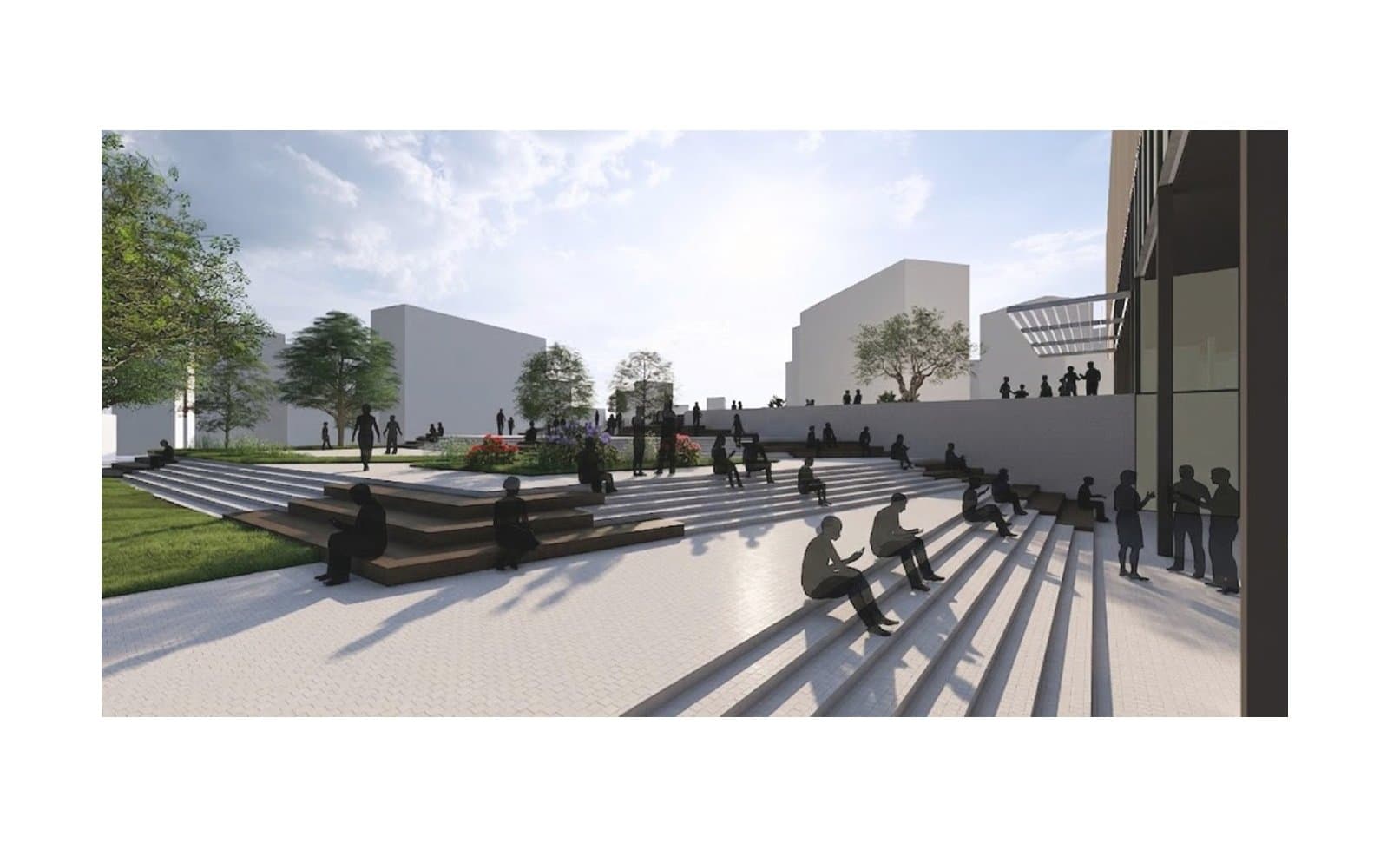 Courtyard threshold between the research volume and the excavation plaza