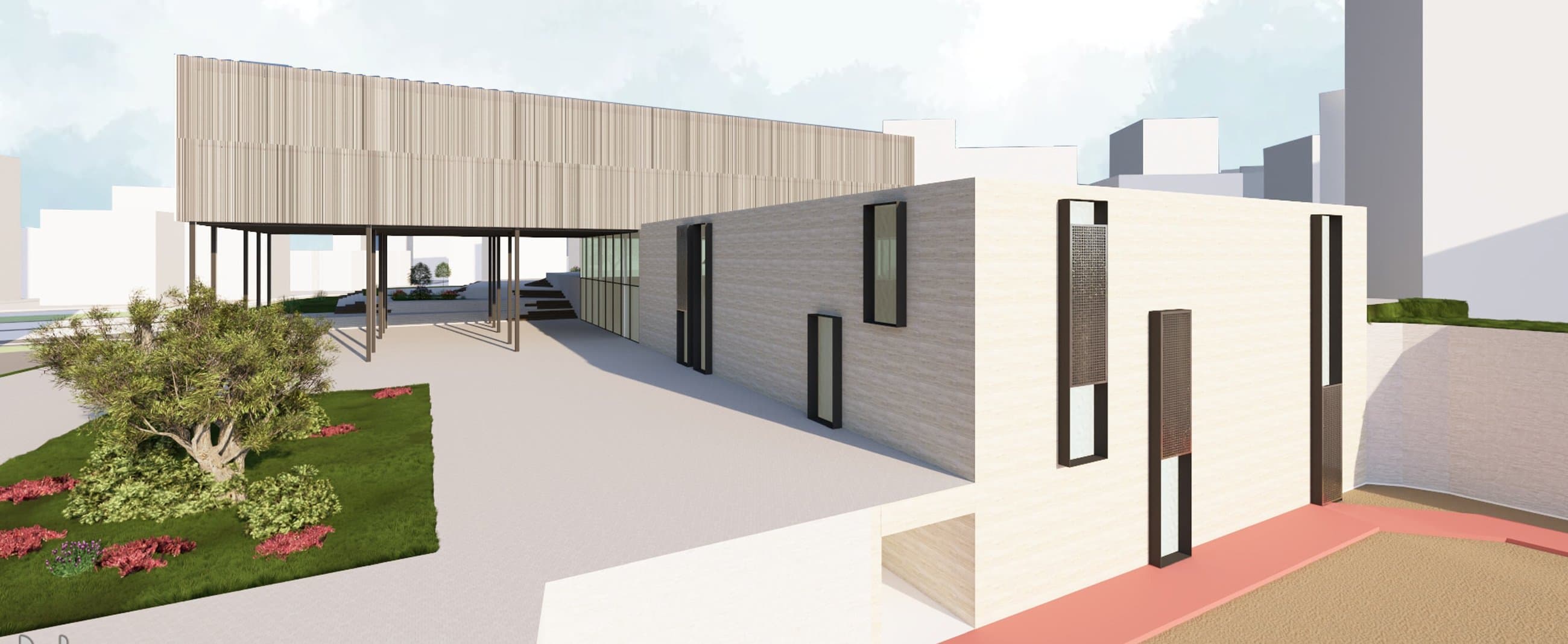 Facade study showing the timber louvre system and structural piloti