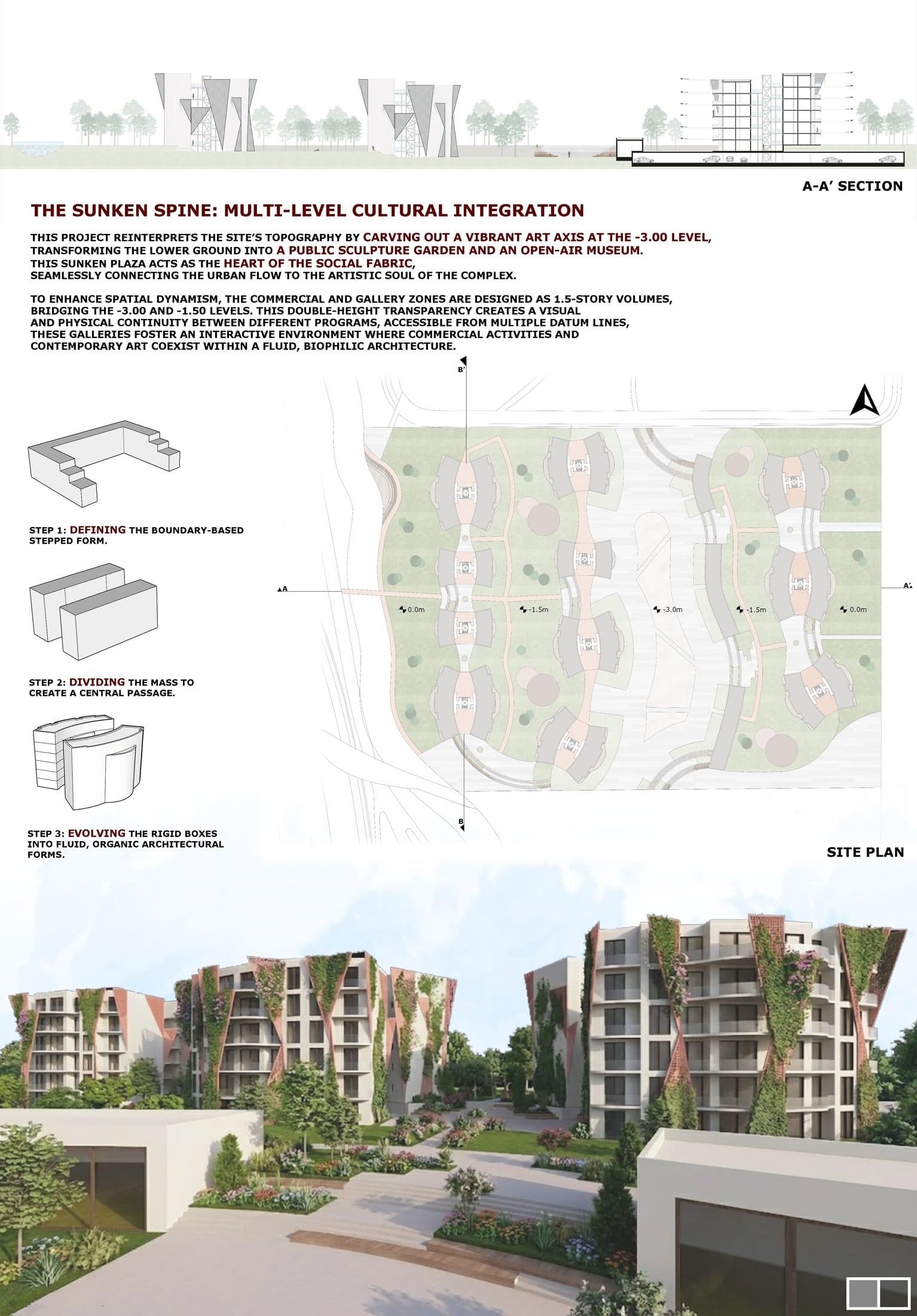 The Sunken Spine — board 01, concept, section, and site plan