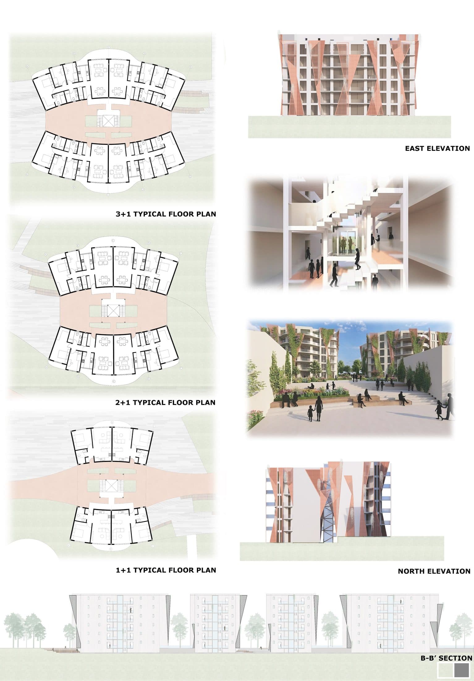 The Sunken Spine — board 02, unit plans, elevations, and section
