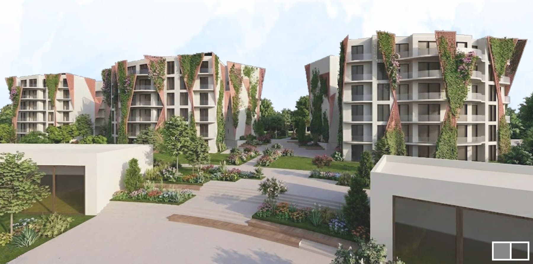 The Sunken Spine housing towers with planted balconies over the sculpture garden