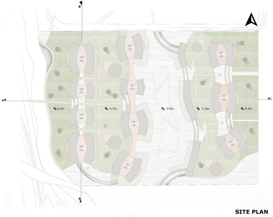 Site plan showing the sunken art axis and surrounding blocks