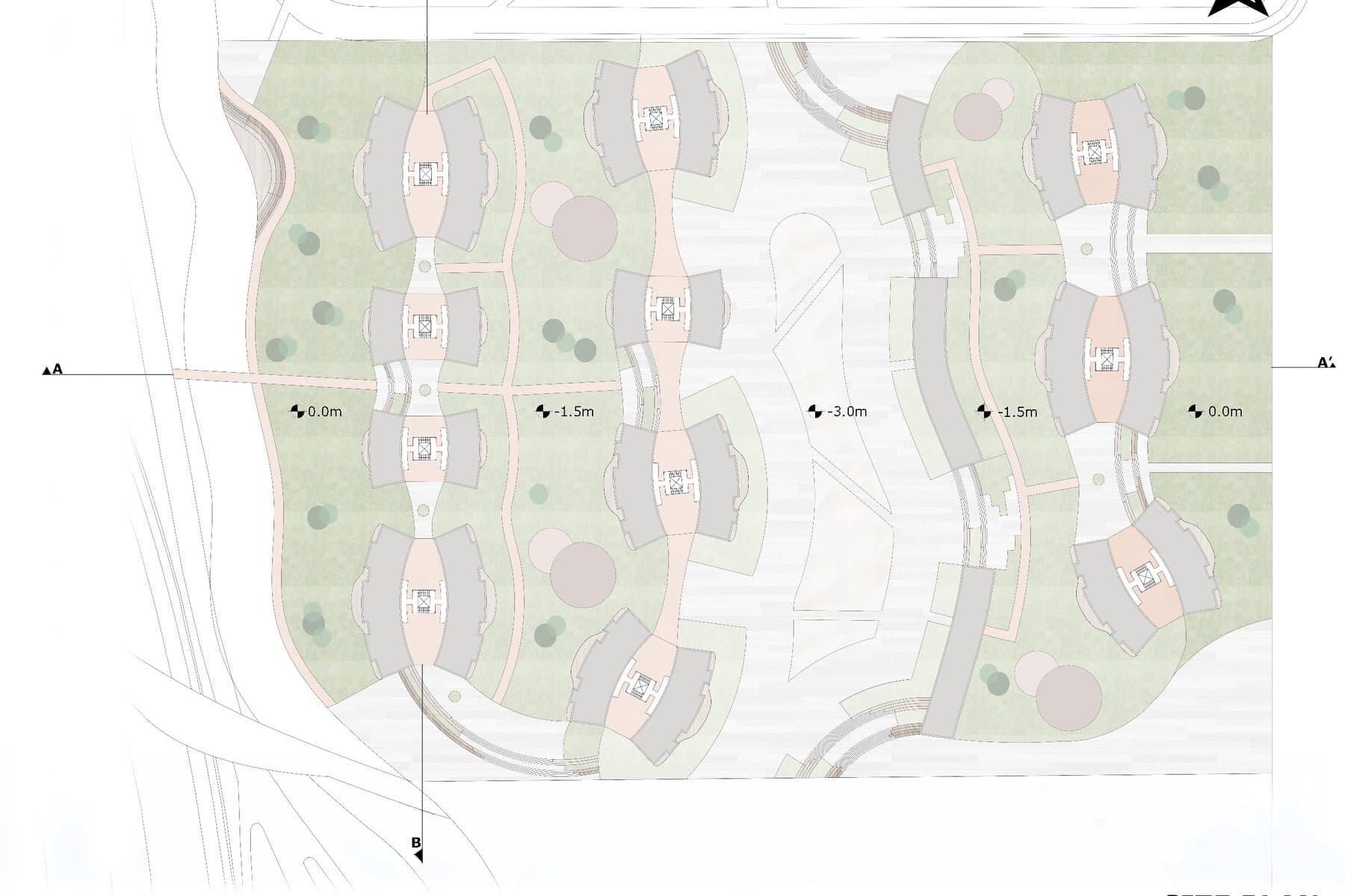 Site plan showing the sunken art axis and surrounding blocks