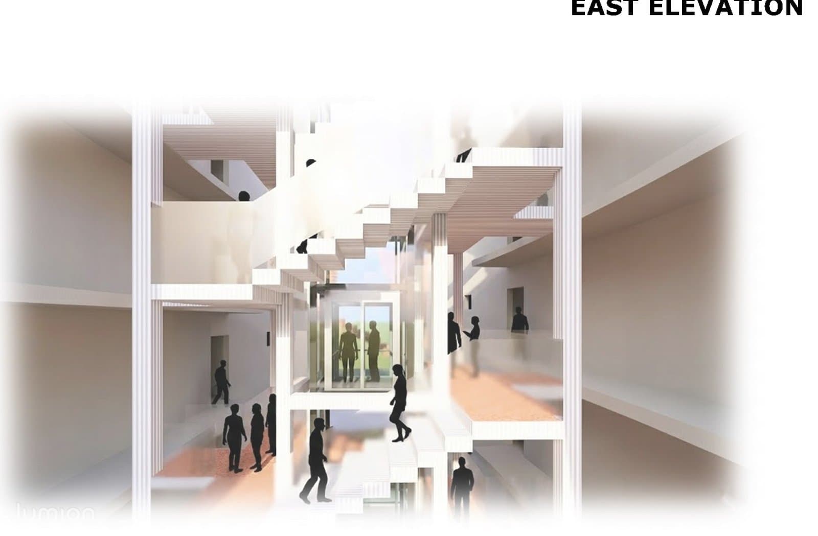 Double-height gallery atrium bridging the -3.00 and -1.50 levels