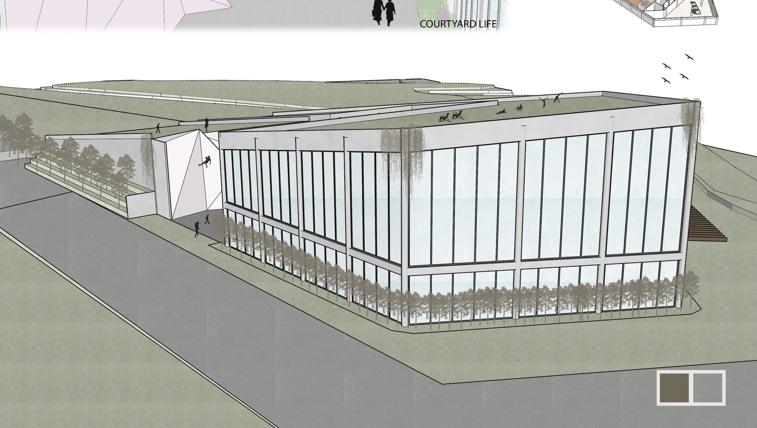 Exterior render of TerraRise Sports Complex at dusk