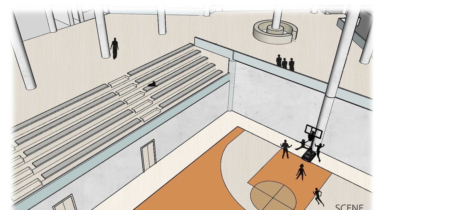 Interior of the sports hall with tiered seating