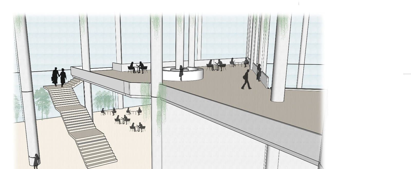 Double-height lobby connecting the courtyard and the sports hall